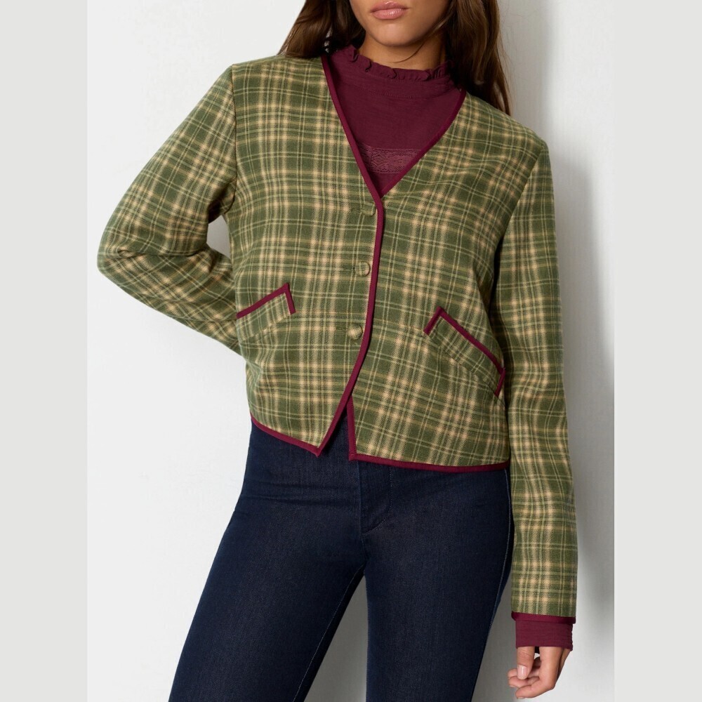 Green Plaid Burgundy Trim V Neck Collarless Button Front Cropped Blazer